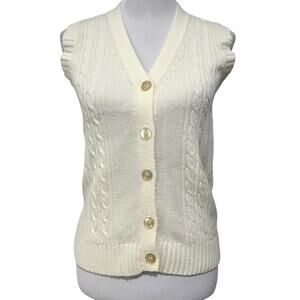 Vintage Women’s Sweater Vest Cream Ivory Button Front V-Neck Merville Sz M